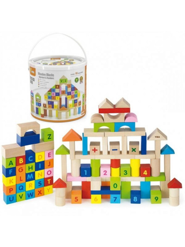 Viga Toys Klocki Drewniane Edukacyjne 100 elem. Cyferki Literki