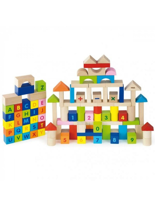 Viga Toys Klocki Drewniane Edukacyjne 100 elem. Cyferki Literki