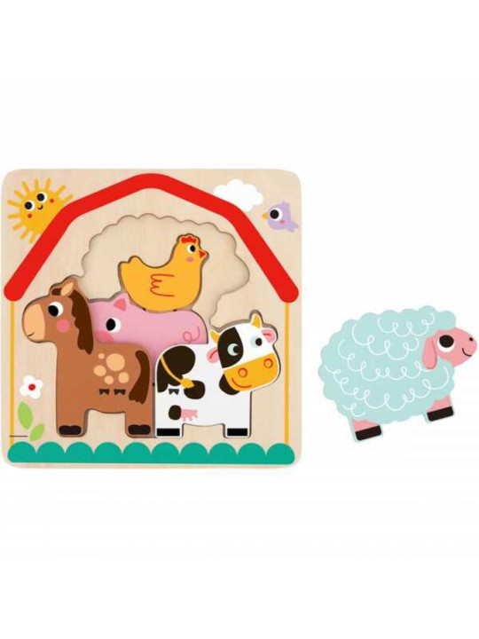 Tooky Toy Drewniane Puzzle Montessori Wielowarstwowe Tablica Zwierzątka na Farmie 7 el.