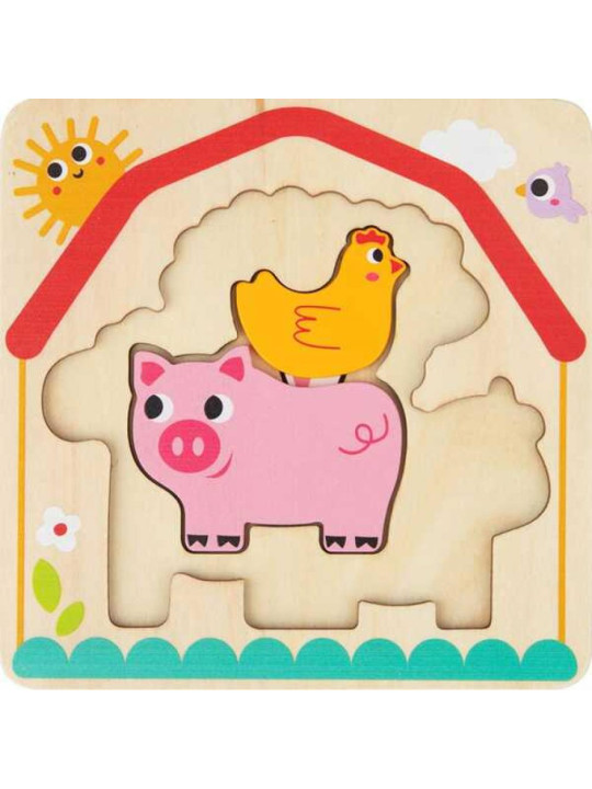 Tooky Toy Drewniane Puzzle Montessori Wielowarstwowe Tablica Zwierzątka na Farmie 7 el.