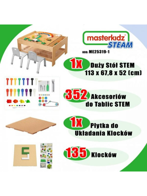 MASTERKIDZ Drewniany Stół Edukacyjny + AKCESORIA STEM WALL + 135 Klocków