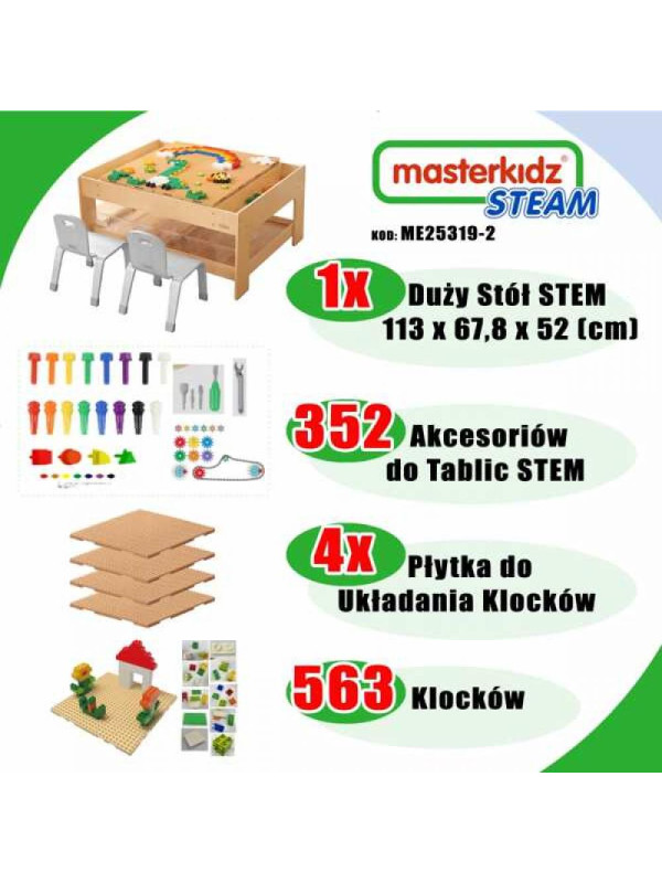 MASTERKIDZ Drewniany Stół Edukacyjny + AKCESORIA STEM WALL + 563 Klocków