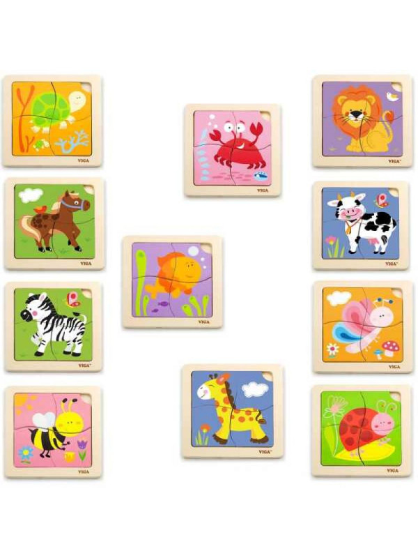 Puzzle drewniane 12 plansz po 4 puzzle w stojaku Viga Toys