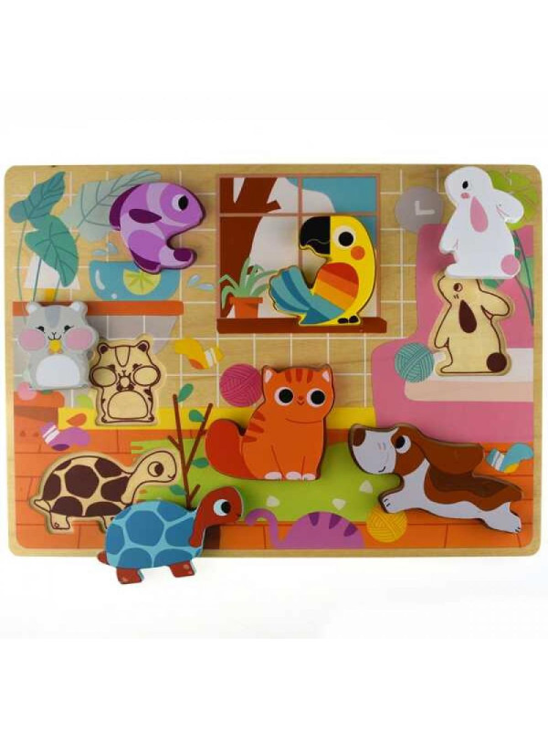 Tooky Toy Drewniane Puzzle Montessori Zwierzątka Dom Dopasuj Kształty