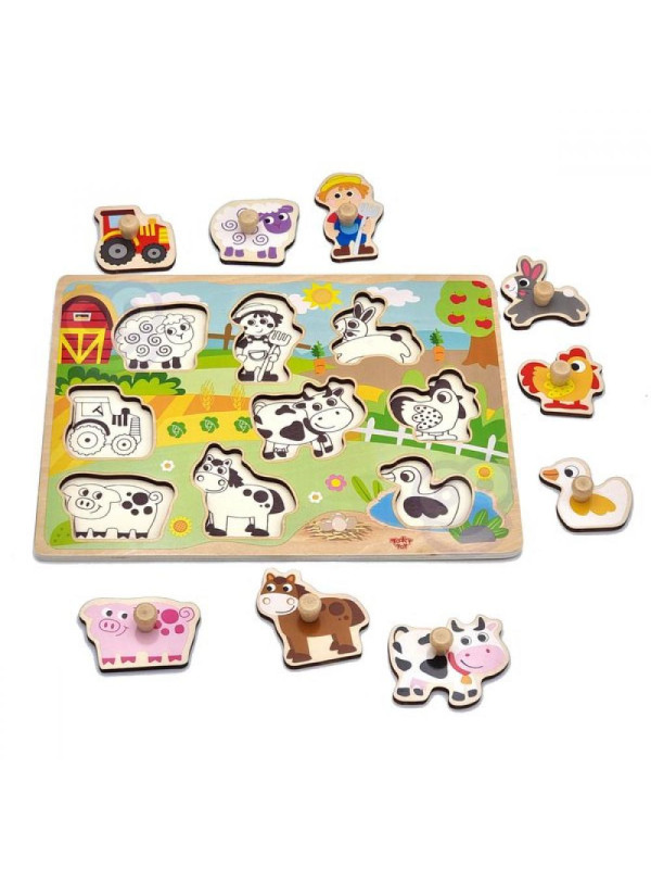 TOOKY TOY Drewniane Puzzle Montessori Farma z Pinezkami Do Dopasowania