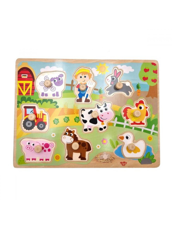 TOOKY TOY Drewniane Puzzle Montessori Farma z Pinezkami Do Dopasowania