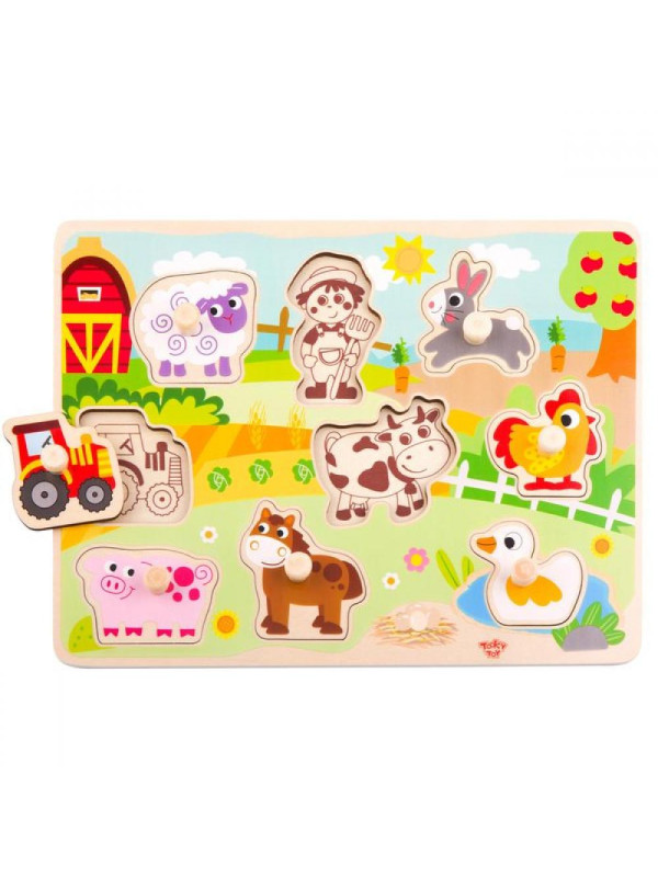 TOOKY TOY Drewniane Puzzle Montessori Farma z Pinezkami Do Dopasowania