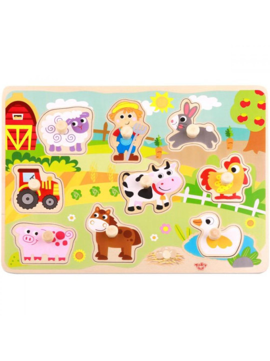 TOOKY TOY Drewniane Puzzle Montessori Farma z Pinezkami Do Dopasowania