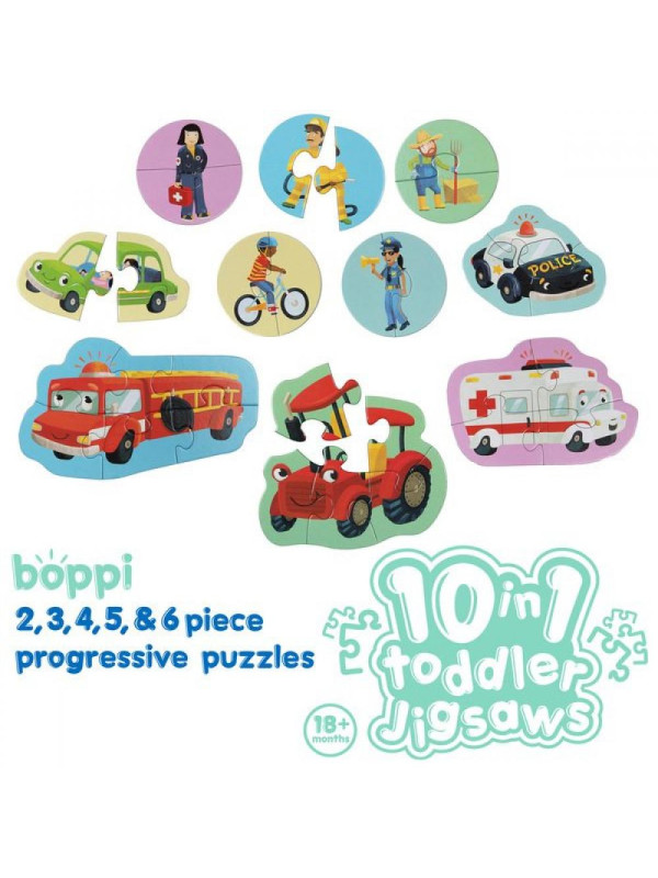 BOPPI, 10 w 1 progresywne pierwsze puzzle Pojazdy i zawody 30 elem