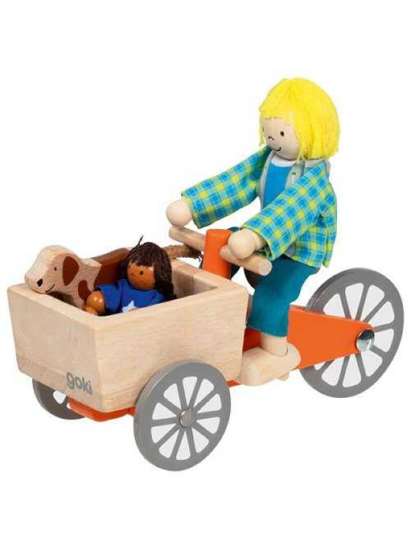 Cargo bike with 2 bendable dolls and dog