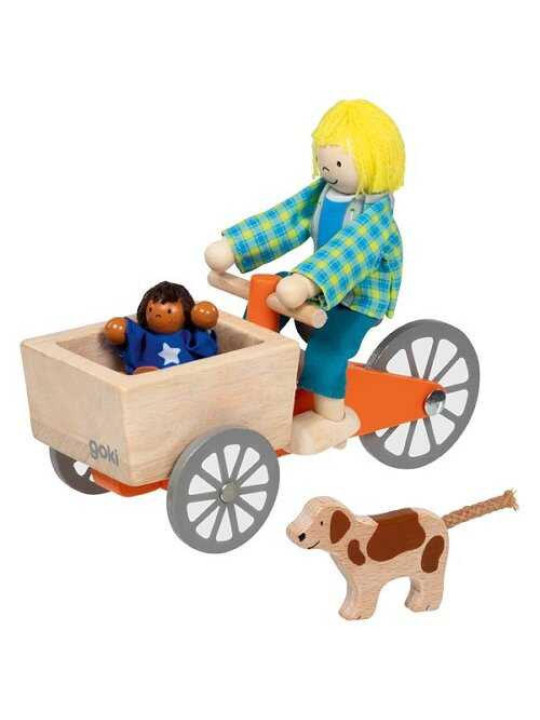 Cargo bike with 2 bendable dolls and dog