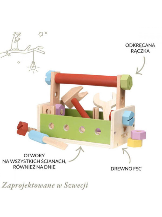 Narzędzia dla dzieci 25 el Micki Drewniane narzędzia, zabawka dla dzieci, zestaw małego majsterkowicza Micki