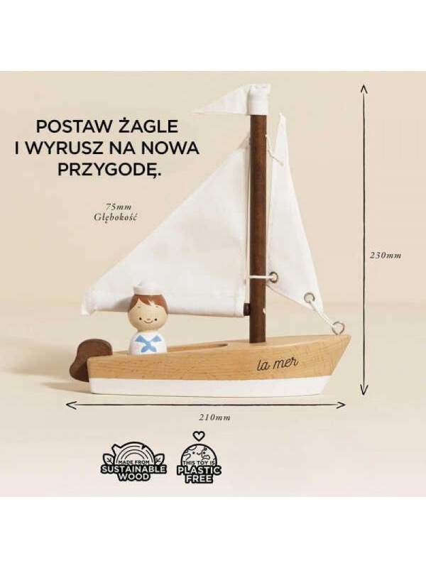 Drewniana żaglówka z kapitanem, łódka, statek zabawka dla dzieci Le Toy Van