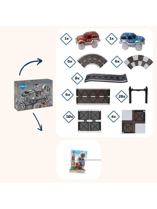 COBLO, magnetyczne klocki konstrukcyjne -  Black tor wyścigowy 70 elem + 2 auta