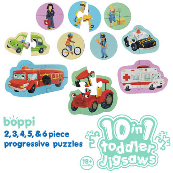 BOPPI, 10 w 1 progresywne pierwsze puzzle Pojazdy i zawody 30 elem