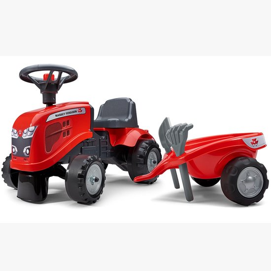 FALK Traktorek Baby Massey Ferguson Czerwony z Przyczepką + akc. Od 1 roku