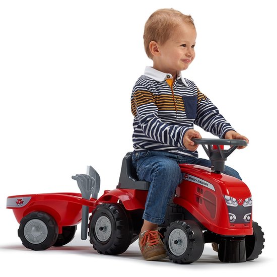 FALK Traktorek Baby Massey Ferguson Czerwony z Przyczepką + akc. Od 1 roku