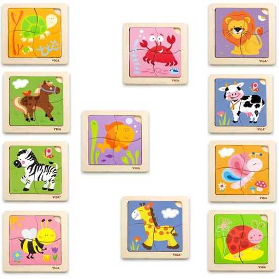 Puzzle drewniane 12 plansz po 4 puzzle w stojaku Viga Toys