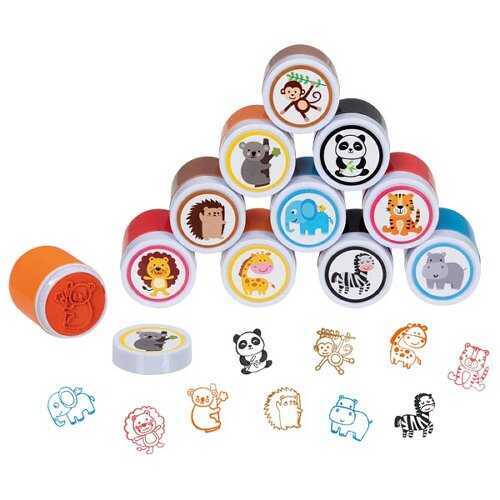 Self-inking stamps with animal motifs, plastic - set of 60