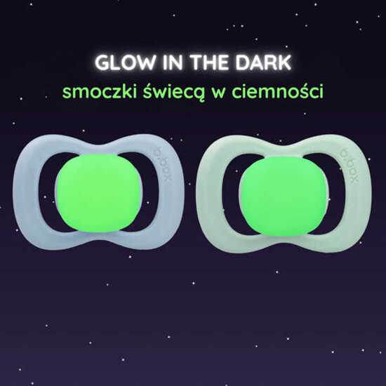 Smoczek silikonowy symetryczny 0 - 6 mies. 2 szt. glow in the dark błękit/szałwia, b.box