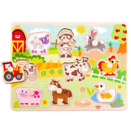 TOOKY TOY Drewniane Puzzle Montessori Farma z Pinezkami Do Dopasowania